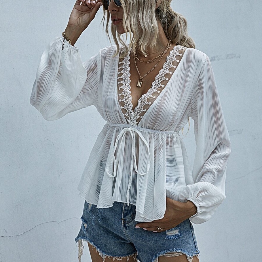 boho gypsy long sleeve babydoll vneck blouse - Picture 5 of 8